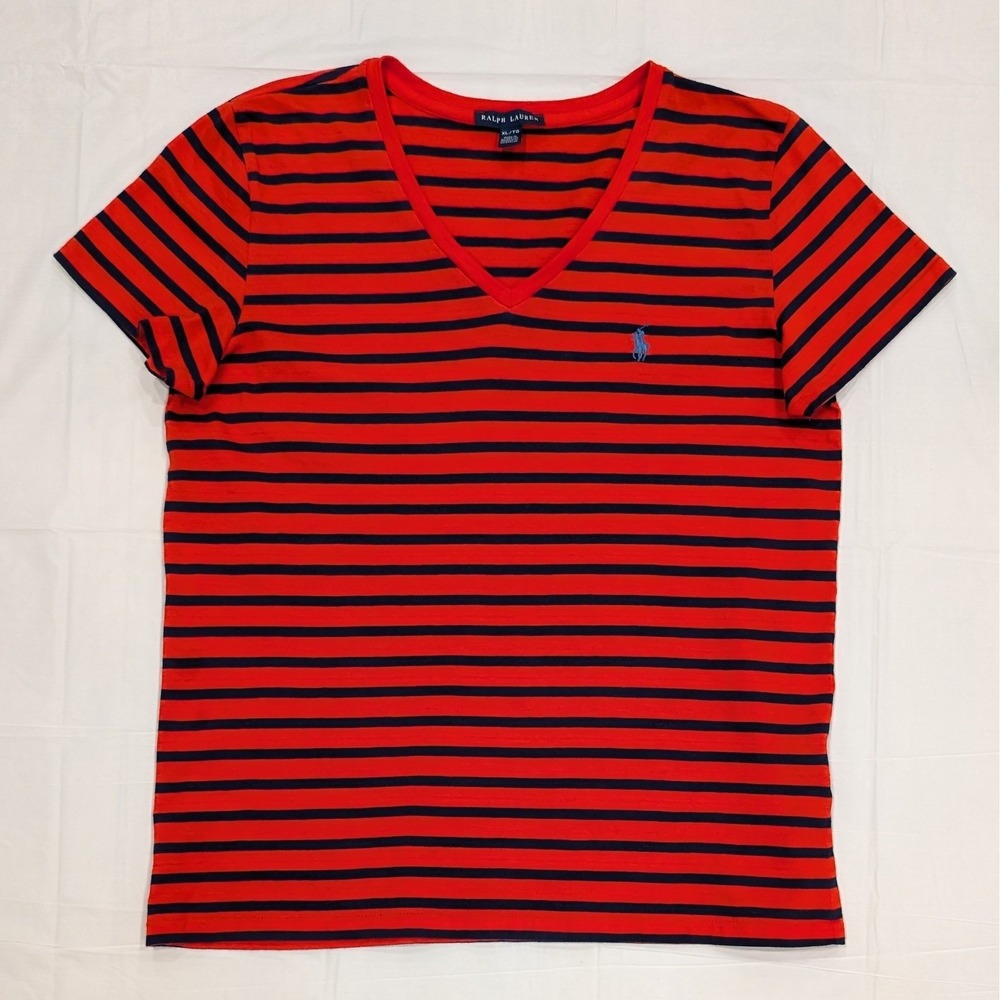 Ralph Lauren T-Shirt XL Cotton Red Navy Women V-Neck Striped Pony Nautical
